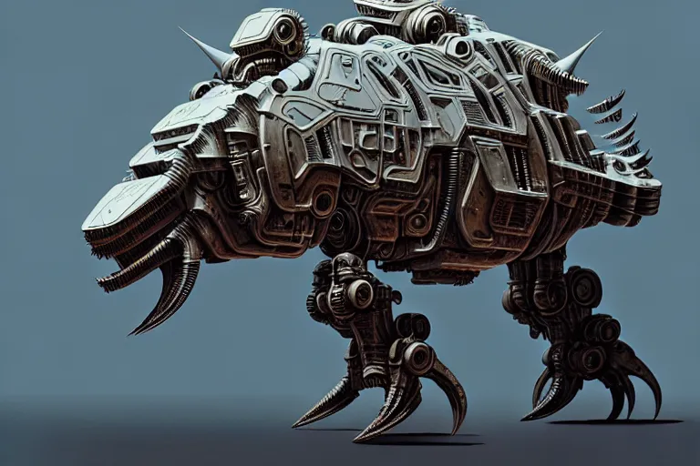 Image similar to triceratops in a cyborg mech suit, by alexandre ferra, zezhou chen, peter gric, mohamed reda and hr giger, hyper detailed, screen print, character concept art, hyperrealism, coherent, octane render, zbrush central, behance hd, hypermaximalist