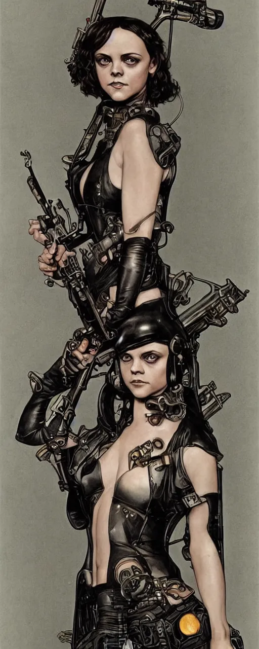 Image similar to striking sensual industrial art nouveau style portrait of christina ricci as a cyberpunk heavy metal rebel soldier by travis charest, simon bisley and alphonse mucha, photorealism, extremely hyperdetailed, perfect symmetrical facial features, perfect anatomy, ornate declotage, weapon, latex, excited expression, wild eyes