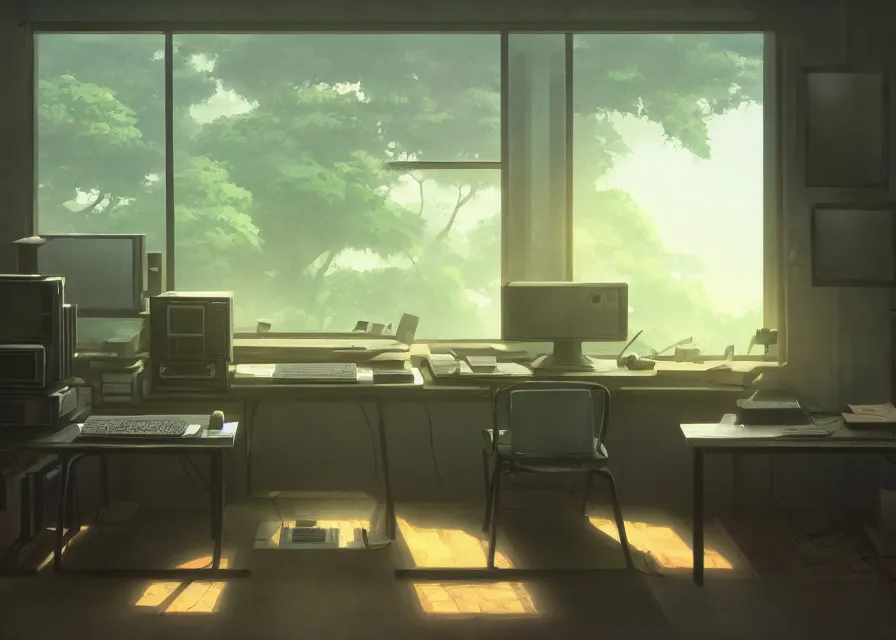 Image similar to interior of a room with old pc computers stacked on a desk and trees outside the window, makoto shinkai, dusty, matte painting