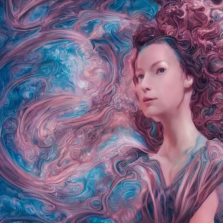 Image similar to portrait of a woman with swirling hair and fractal skin by killian eng, retrofuturism, psychedelic art reimagined by industrial light and magic