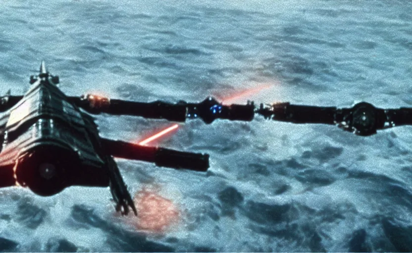 Image similar to iconic cinematic screenshot of an x wing above the ocean, scene from the 1 9 7 0 s star wars sci fi film by stanley kubrick, glowing lasers, kodak film stock, anamorphic lenses 2 4 mm, lens flare, iconic cinematography, award winning