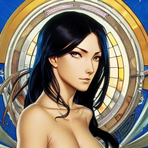 Image similar to highly detailed vfx portrait of nico robin by eiichiro oda!, alphonse mucha, sharp focus, art by artgerm and greg rutkowski!, harsh overhead sunlight, blue eyes!!, large aquiline nose!!, stanley kybric, kaoru mori, intricately detailed, best of behance,