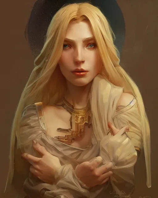 Image similar to '' Portrait of Beautiful blonde Slavic woman, league of legends, LOL, fantasy, d&d, digital painting, artstation, concept art, sharp focus, illustration, art by greg rutkowski and alphonse mucha ''