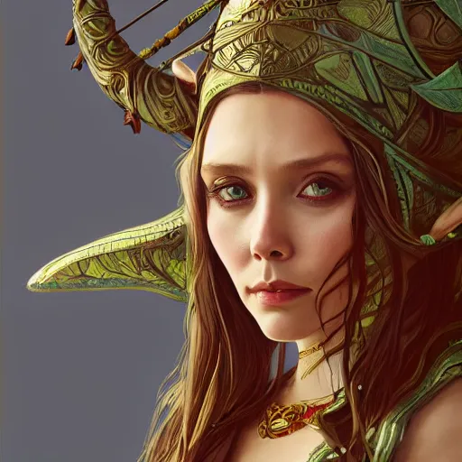 Image similar to Elizabeth Olsen as a elf archer, cute, fantasy, intricate, elegant, highly detailed, centered, digital painting, artstation, concept art, smooth, sharp focus, illustration, art by artgerm and H R Giger and alphonse mucha