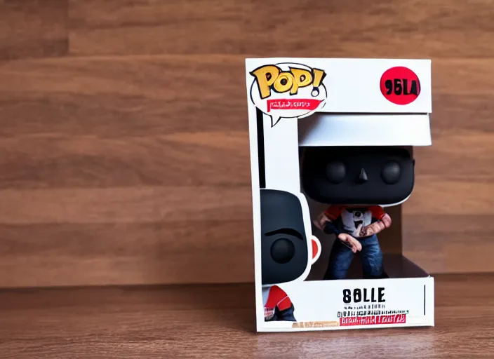 Image similar to product still of Christian Bale funko pop with box, 85mm f1.8