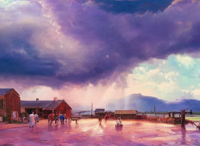 Image similar to oil painting of american old west town, harbour, dramatic storm clouds, dusty street, sunrays, dramatic, very very very beautiful art, cinematic lighting, romanticism by goya, bright art, pastel color, pink and blue sky, sunny summer day, tall mountains