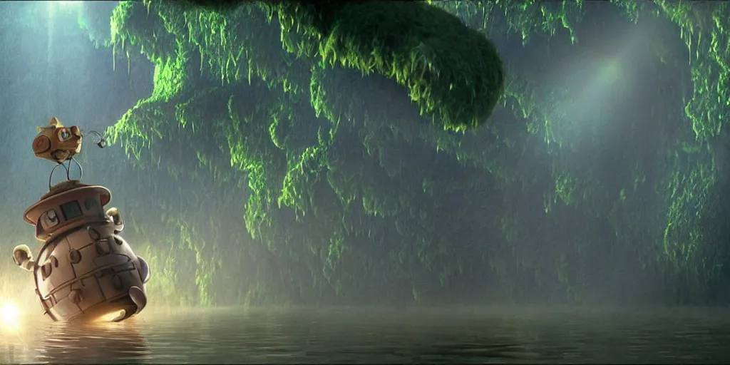 Prompt: a cell - shaded cartoon movie still from howl's moving castle ( 2 0 0 4 ) of a giant mechanical golem lifting a huge stone in a flooded rainforest valley. shafts of sunlight come from above. a ufo is in the sky. wide shot, very dull muted colors, hd, 4 k, hq