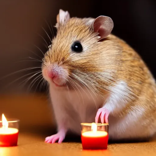 Image similar to photo of a hamster, at night, candlelit restaurant table, various poses, unedited, soft light, sharp focus, 8 k