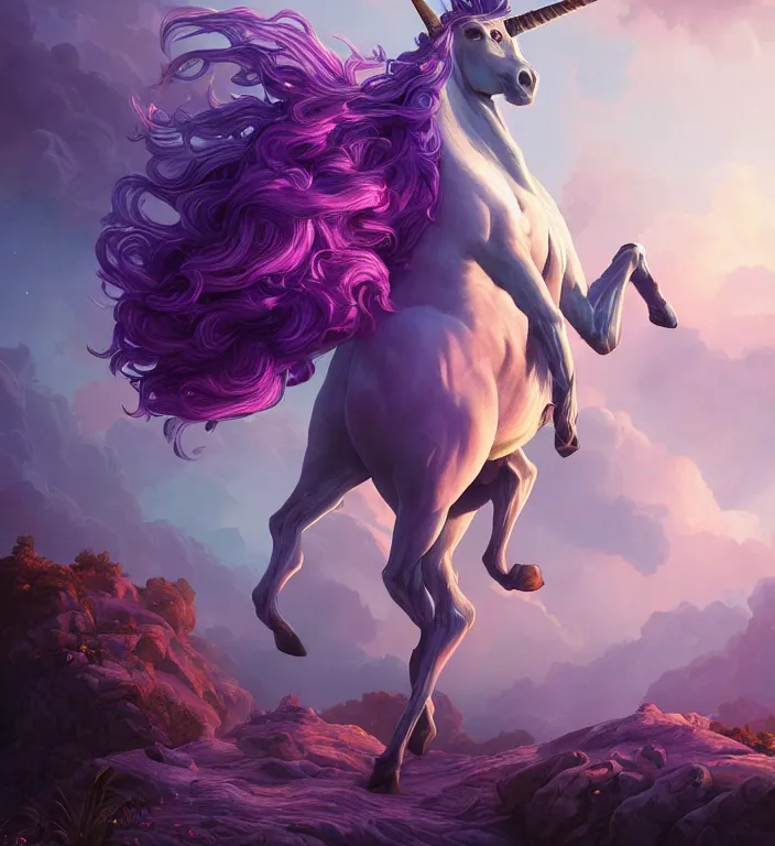 Prompt: a majestic unicorn with a human female body + purple hair and elf ears, backlit, strong rim light, highly detailed, digital painting, by Alvaro Castagnet + Peter Mohrbacher + Dan Mumford + vivid colors + high contrast, 8k resolution, intricate, photorealistic, smooth