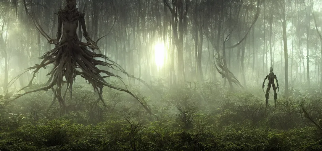 Prompt: a complex organic fractal 3 d metallic symbiotic ceramic humanoid megastructure creature in a swampy lush forest, foggy, cinematic shot, photo still from movie by denis villeneuve, wayne barlowe, sun rays, golden hour