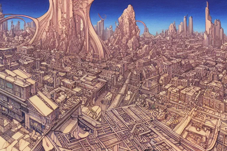 Prompt: late renaissance city on the coast, intricate linework, in the style of moebius, ayami kojima, 9 0's anime, retro fantasy