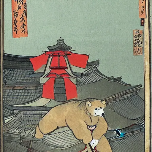 Prompt: a polar bear dressed as a shogun, jumping from the roof into a busy street in 18th century Japan, anime style