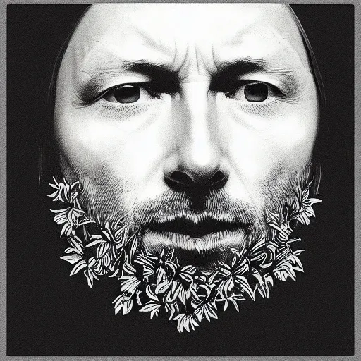 Image similar to “Thom Yorke face in profile, made of flowers, in the style of the Dutch masters, dark and moody”