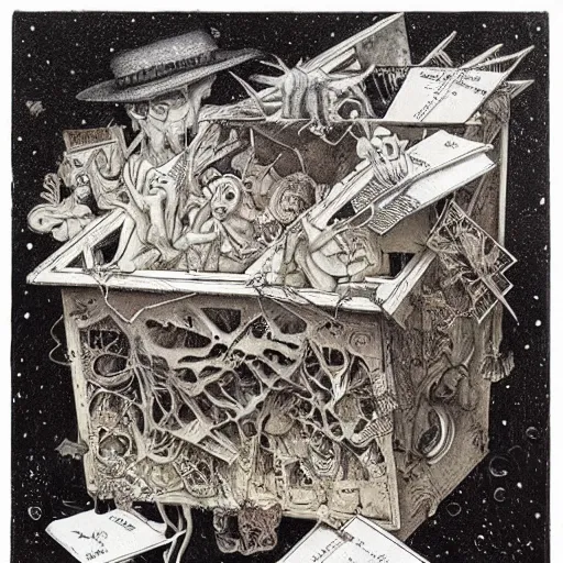 Image similar to box of ghosts| by Santiago Caruso and M.C. Escher and Joseph Cornell| very detailed| colorful beautiful eerie surreal psychedelic