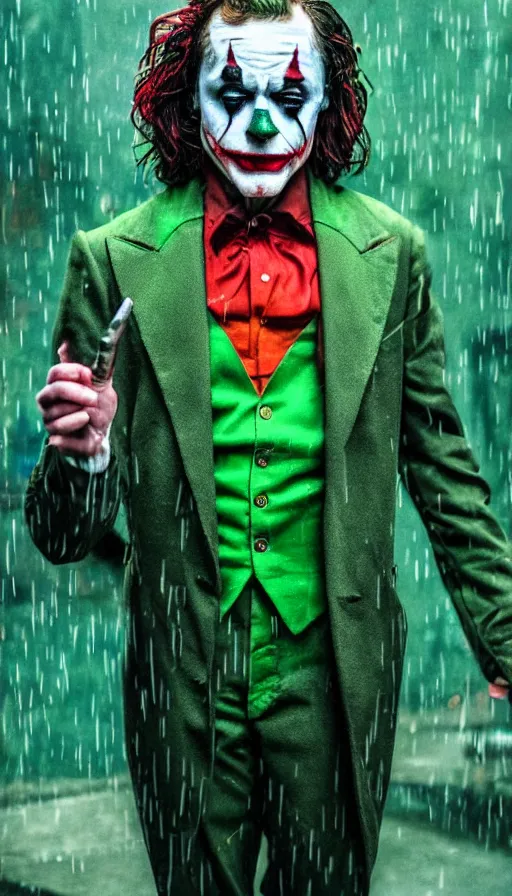 Prompt: joaquin pheonix as the joker, in the rain