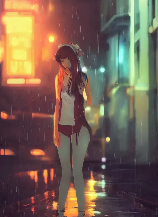 Image similar to listening to music at 2 am, night, pretty girl, pose, rain, lofi, lofi, peaceful, street light, anime key visual, poster, street wears, anime, by wlop, high quality, 4 k, trending, trending on artstation