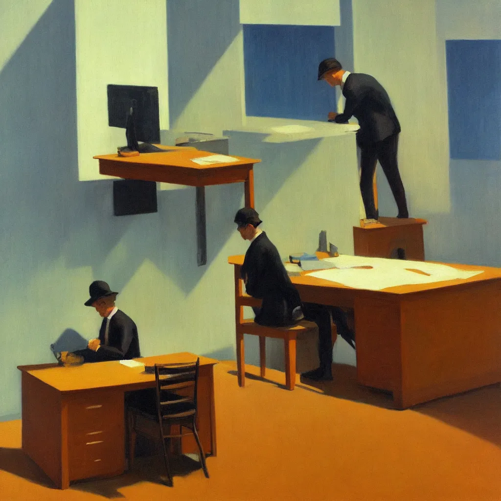 Image similar to painting of a lone man, sitting at his desk in an empty, huge office, in the style of edward hopper