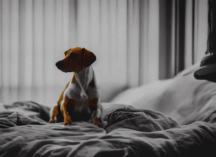 Image similar to photography of a Jack Russel . watching outside the window. on a bed. in a vintage room full of vinyls and posters.,volumetric light, photorealistic,, award winning photo, 100mm, sharp, high res