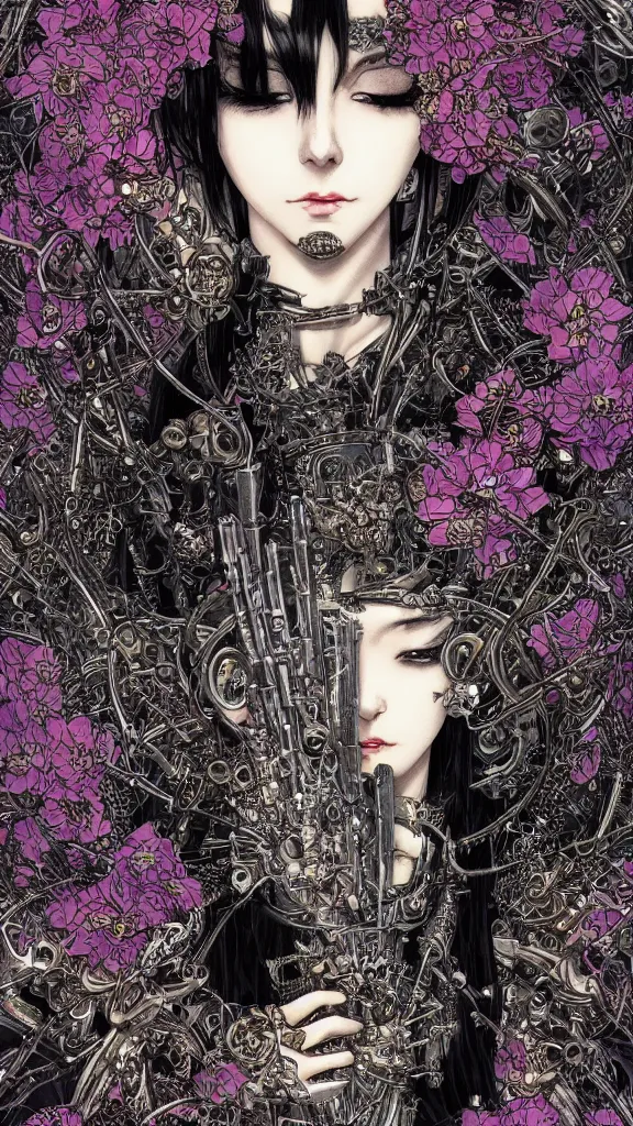 Image similar to cyberpunk fashion a beautiful black haired woman with pale skin and a crown on her head sitted on an intricate metal throne skin wrapped in flowers and wired, vintage style, by yoichi hatakenaka, masamune shirow, josan gonzales and dan mumford, ayami kojima, takato yamamoto, barclay shaw, karol bak, yukito kishiro