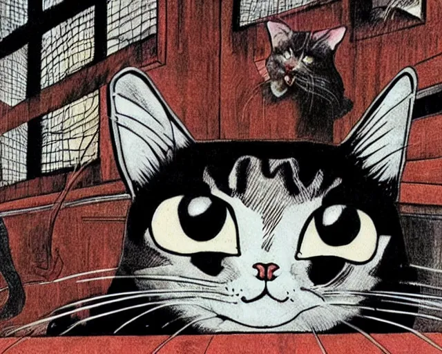 Prompt: cat with huge head, artwork by junji ito