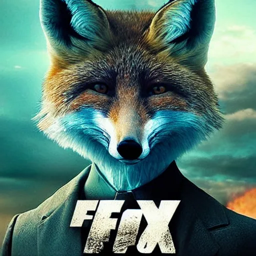 Prompt: hdr quality poster for an action movie called “ fox frigate ”, fearing cool looking anthropomorphic male fox in suit, stealing lots of fried chicken, promotional media