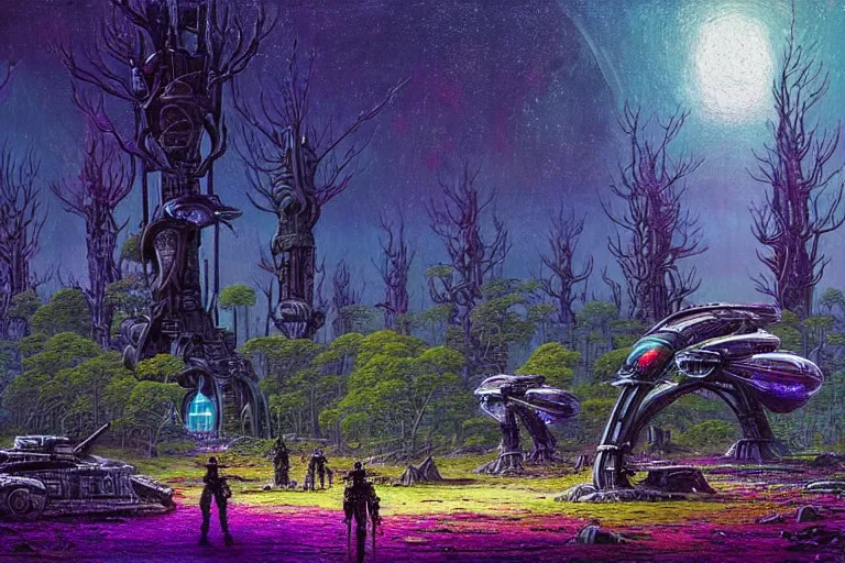 Prompt: Epic science fiction landscape. In the foreground is soldiers in battle-armor and a futuristic tank!!, in the background vibrant colourful alien trees and alien vegetation. An abandoned alien spaceship is between them. On the horizon a futuristic city. Vibrant colours, stunning lighting, sharp focus, extremely detailed intricate painting inspired by John Atkinson Grimshaw