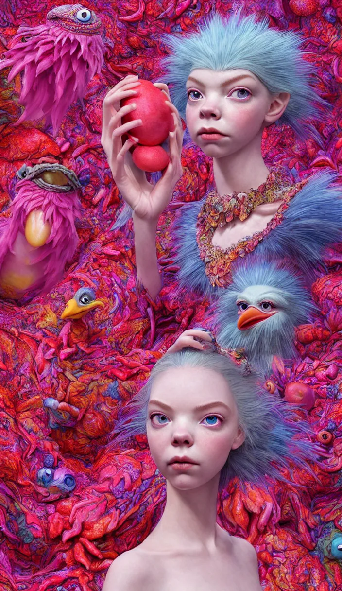 Image similar to hyper detailed 3d render like a Oil painting - kawaii portrait Aurora (a beautiful skeksis muppet fae queen from dark crystal that looks like Anya Taylor-Joy) seen red carpet photoshoot in UVIVF posing in scaly dress to Eat of the Strangling network of yellowcake aerochrome and milky Fruit and His delicate Hands hold of gossamer polyp blossoms bring iridescent fungal flowers whose spores black the foolish stars by Jacek Yerka, Ilya Kuvshinov, Mariusz Lewandowski, Houdini algorithmic generative render, Abstract brush strokes, Masterpiece, Edward Hopper and James Gilleard, Zdzislaw Beksinski, Mark Ryden, Wolfgang Lettl, hints of Yayoi Kasuma and Dr. Seuss, octane render, 8k