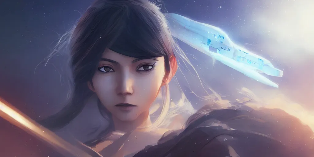 Image similar to Young Himalayan woman, somber white eyes, long ashy hair, gentle lighting, piloting a small space shuttle, futuristic, dim lighting, digital art by Makoto Shinkai ilya kuvshinov and Wojtek Fus, digital art, concept art,