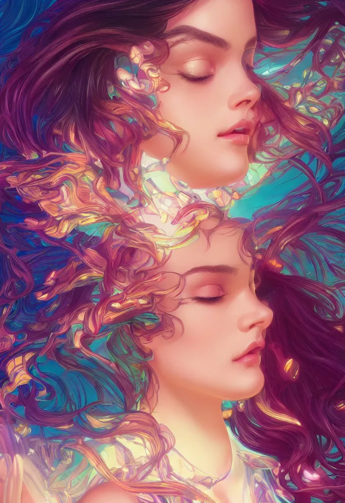 Image similar to beautiful, young woman, detailed gorgeous face, vaporwave aesthetic, synthwave, colorful, psychedelic, artstation, concept art, smooth, extremely sharp detail, finely tuned detail, ultra high definition, 8 k, unreal engine 5, ultra sharp focus, illustration, art by artgerm and greg rutkowski and alphonse mucha