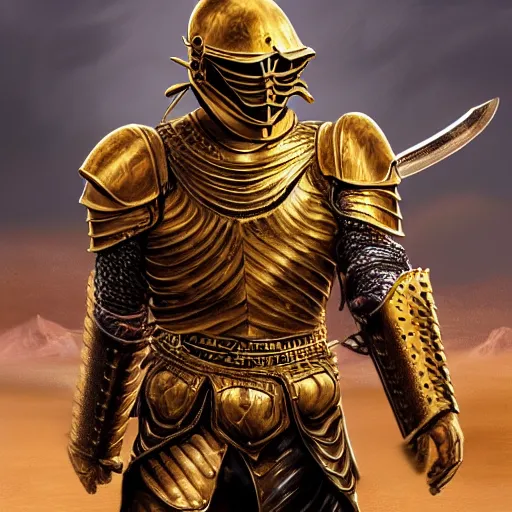 Image similar to Hyper-realistic painting of the King of the Desert, Warrior at war, battle field, action, Gold Armour suit, Sword, handsome attractive face, attractive young man, beautiful face, dramatic lighting, majestic, D&D, fantasy, elegant, intricate, highly detailed, digital painting, concept art, sharp focus, illustration, trending on artstation, art by artgerm and greg rutkowski and alphonse mucha