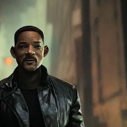 Image similar to a still from blade runner 2 0 4 7 with will smith as the main characer