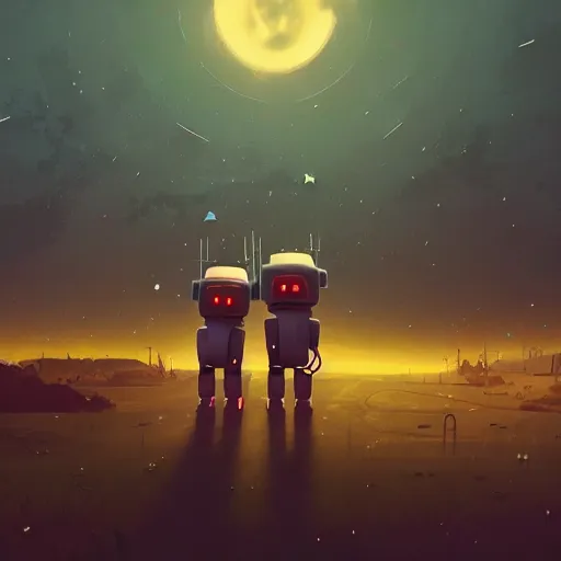Image similar to Two robots hugging each other while watching a shooting star in the night sky, cinematic lighting, insanely detailed, intricate, artstation, cgsociety, painted by Simon Stalenhag, concept art, illustration, sharp focus,