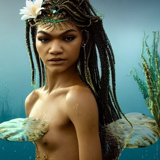 Prompt: dramatic upper body portrait of zendaya as a dark - skinned mermaid la sirene haitian goddess, under water, white lilies, concept art, intricate details, bloom, highly detailed, photorealistic, octane render, 8 k, art by annie leibovitz and wlop and frank frazetta and simon bisley h - 7 2 0