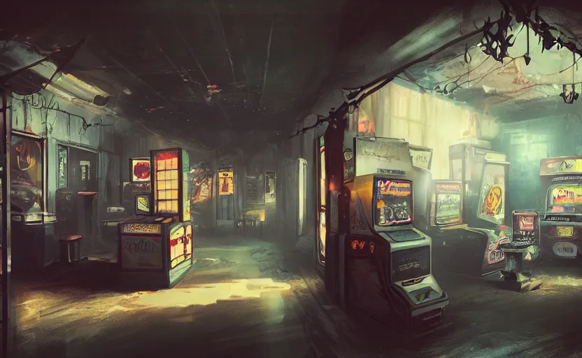 Image similar to a view from inside a haunted vintage arcade, fond memories, nostalgia, memories long past, trending on artstation, atmospheric, crisp, concept art