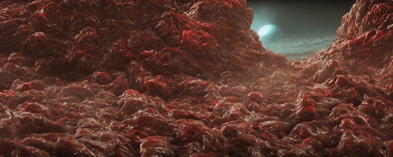 Prompt: ” outer planet made of meat and saliva, [ moist, wet, cinematic, detailed, epic, widescreen, opening, establishing, mattepainting, photorealistic, realistic textures, octane render ] ”