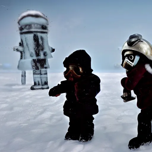 Image similar to baby steampunk snowtroopers on hoth having a snowball fight, action still, by cameldeath