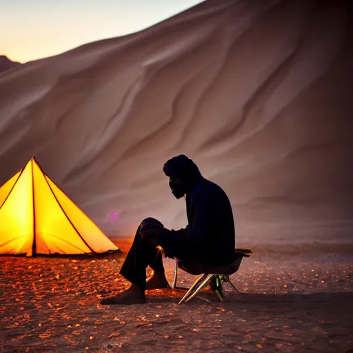 Image similar to realistic photo of omani man camping in desert, detailed, canon, bokeh