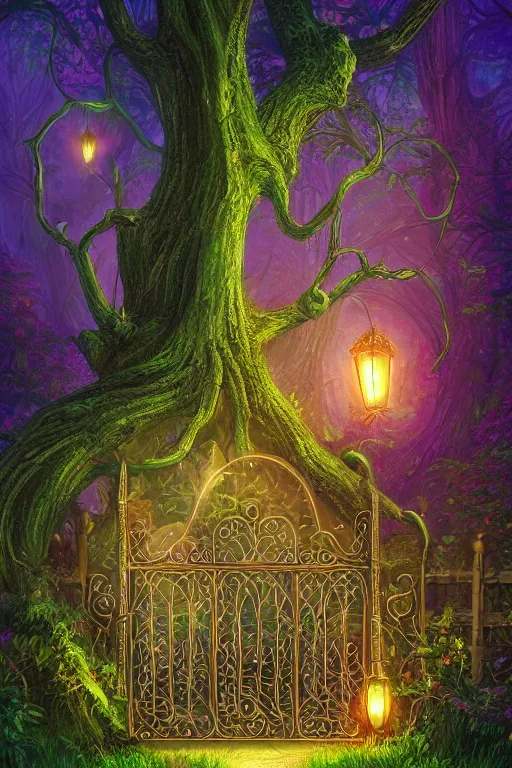 Image similar to a beautiful digital illustration painting of a detailed gothic fantasy fireflies forest trees and iron gate vines by lisa frank, james gurney, 8 k resolution trending on artstation concept art digital illustration