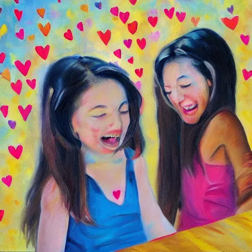 Image similar to art decor image of girls having fun at a party realistic painting with hearts in the air