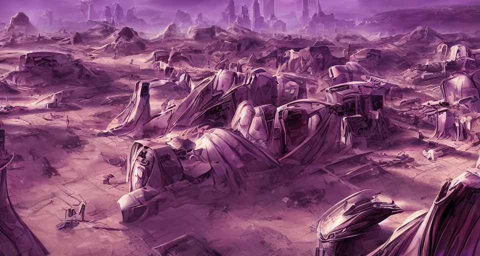 Image similar to Sci-fi landscape of an alley in a desert city, view from the top, purple color-theme, cinematic, science-fiction art wallpaper, stunning digital art