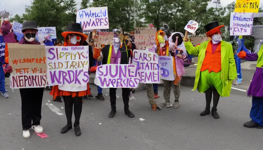 Image similar to willy wonka's oompa loompas holding up signs and protesting outside the factory against unfair work conditions