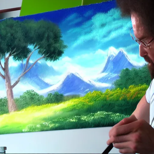 Image similar to a closeup photorealistic photograph of bob ross working on a canvas painting sonic the hedgehog. film still. brightly lit scene. mountains and trees. this 4 k hd image is trending on artstation, featured on behance, well - rendered, extra crisp, features intricate detail, epic composition and the style of unreal engine.