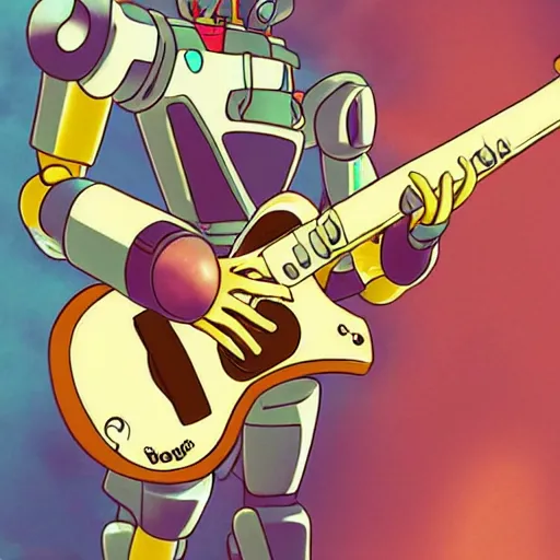 Image similar to A cell animation of a robot playing guitar, macross, gundam, ghibli style, illustration, anime, trending on artstaion