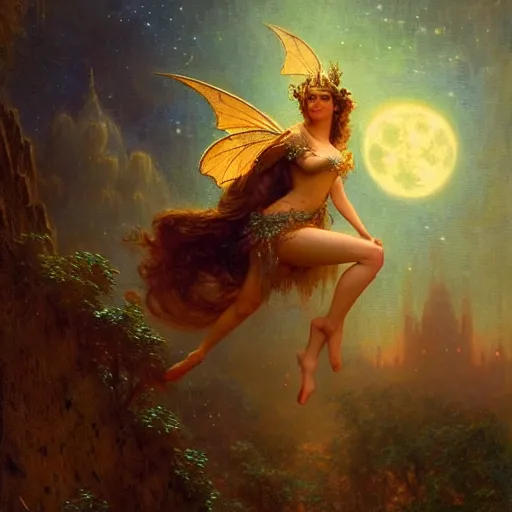 Image similar to attractive fairy queen fly high in the night, fantasy, full moon in background. hyper detailed painting by gaston bussiere, craig mullins, j. c. leyendecker, mid shot, 8 k, cryengone, cinematic lighting, beautiful,