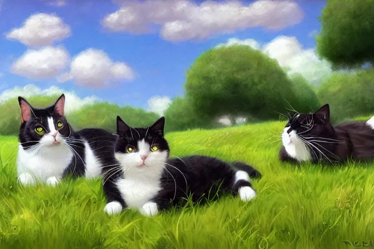 Prompt: a fat black and white male cat and a smaller tortoiseshell female cat both sleeping peacefully together in a beautiful green meadow, dreamy puffy clouds, painted by Tyler Edlin