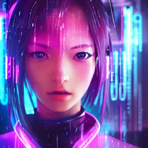 Image similar to anime woman portrait made out of rain, beautiful, stylish suit, cyberpunk background, neon, rendered in octane, unreal engine, matte painting, sharp focus, trending on artstation, futuristic, space, realistic