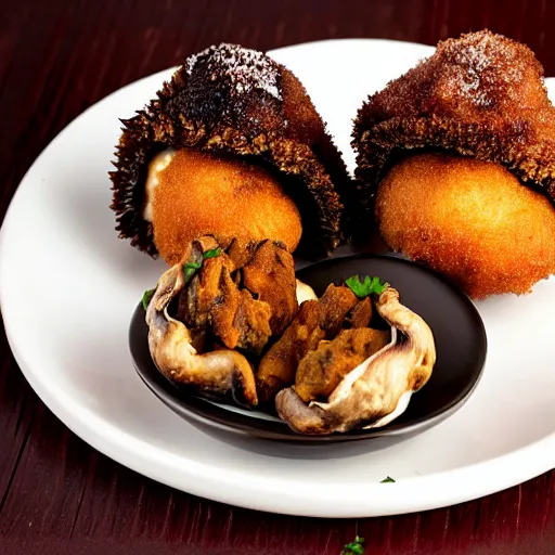 Image similar to deep fried mushrooms stuffed with deep fried mushrooms stuffed with deep fried mushrooms stuffed with deep fried mushrooms stuffed, delicious meal, studio photo