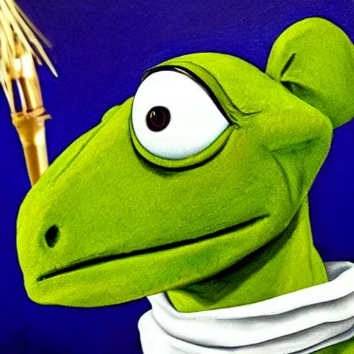 Prompt: kermit with a pearl earring, incredibly detailed, hyperrealistic, stylistic, painting