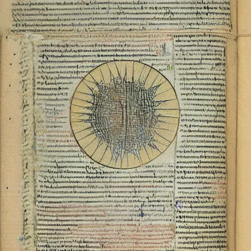 Prompt: illustrated page of the voynich manuscript that describes the birth of the world