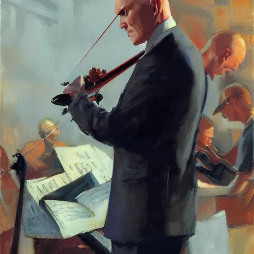 Prompt: agent 4 7 from hitman playing a violin, by gregory manchess, james gurney, james jean